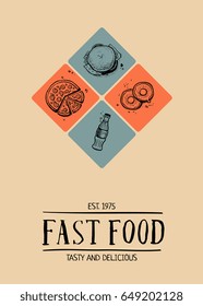 Fast food cafe menu cover design. Hand drawn vector background with burger, pizza, chicken, hot dog, taco, drink doodles. Restaurant price catalog, junk food retro poster with snack linear sketches