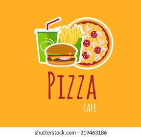 Fast food cafe menu design items for menu or logo. Hamburger, pizza, soda drink and french fries.