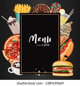 Fast food Cafe menu illustration. Set of hand drawn vector meals. Pizza, hot dog, burger, milkshake, hot chocolate. 