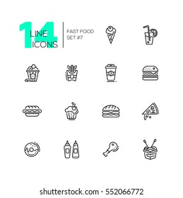 Fast Food Cafe Menu - Set Of Modern Vector Line Design Icons. Hot Dog, Hamburger, French Fries, Sandwich, Pizza, Ice Cream, Soda, Muffin, Bakon, Ketchup, Mustard, Pop Corn, Donut, Sandwich, Coffee