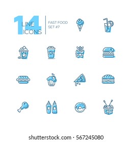 Fast Food Cafe Menu - set of modern vector line design icons with accent color. Hot dog, hamburger, french fries, sandwich, pizza, ice cream, muffin, bakon, coffee. Material design concept symbols
