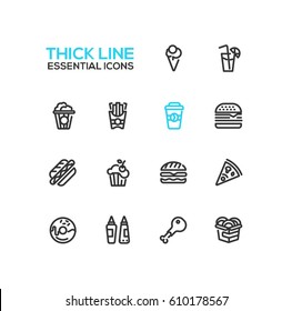 Fast Food Cafe Menu - set of modern vector line design icons. Hot dog, hamburger, french fries, sandwich, pizza, ice cream, soda, muffin, ba?on, ketchup, mustard, pop corn, donut