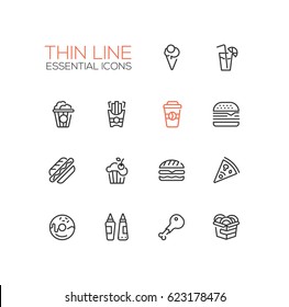 Fast Food Cafe Menu - Set Of Modern Vector Line Icons. Hot Dog, Hamburger, French Fries, Sandwich, Pizza, Ice Cream, Soda, Muffin, Bacon, Ketchup, Mustard, Pop Corn, Donut, Sandwich, Coffee, Wok