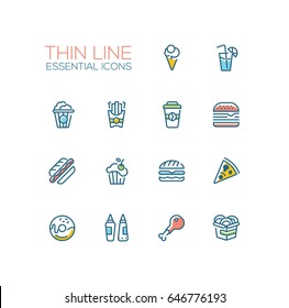 Fast Food Cafe Menu - set of modern vector line design icons. Hot dog, hamburger, French fries, sandwich, pizza, ice cream, soda, muffin, bacon, ketchup, mustard, pop corn, donut, chicken 