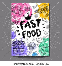 Fast food cafe poster poster. Bright Cool food sketches composition. Fast food labels. Fries, burger, bacon, hot dog, pizza. Hand drawn vector illustration.