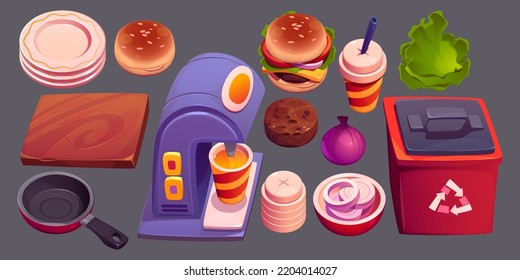 Fast food cafe stuff, meal ingredients and cooking supplies. Coffee machine, litter bin, burger, pan, plates, cutting board, lettuce cutlet, onion, plastic cups Cartoon vector illustration, icons set