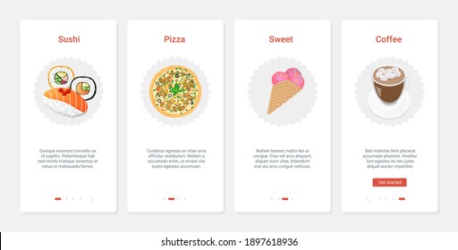 Fast food cafe with sushi pizza ice cream and coffee vector illustration. UX, UI onboarding mobile app page screen set with line takeaway product for cafeteria, pizzeria, pastry shop restaurant menu