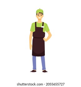 Fast food cafe worker in uniform apron and cap male cartoon character, flat vector illustration isolated on white background. Young man fast food restaurant employee.