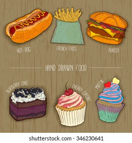 fast food and cakes icons for restaurant menu. hand drawn illustration. vector.