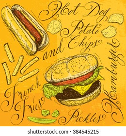 Fast food with calligraphy A cheeseburger, hotdog, french fries, potato chips, and pickles with calligraphy. 
