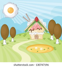 Fast Food and candy landscape with little cabin house on the hill for children imagination with fantasy concept, create by vector