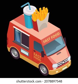 Diseño isométrico vectorial del icono de los coches de comida rápida