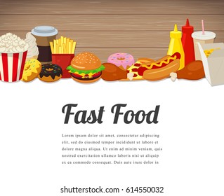 Fast food card design. Food background with colorful fast food meal. Tasty food concept. Vector illustration
