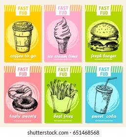 Fast food card set. Vector hand drawn fast food posters. Vintage style. Retro food sketch.