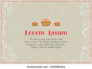 Fast Food card with text and vector outline illustrations of sandwich, burger, hot dog, meat and desserts for graphic design