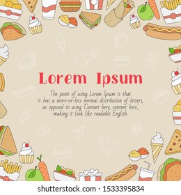 Fast Food card with text and vector color illustrations of sandwich, burger, hot dog, meat and desserts for graphic design