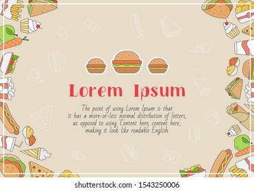 Fast Food card with text and vector color illustrations of sandwich, burger, hot dog, meat and desserts for graphic design