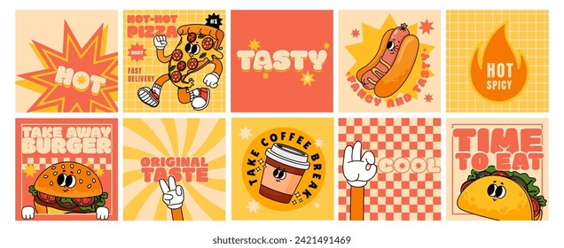 Fast food cards. Retro posters, stickers with hot dog, taco, burger, pizza for menu cafe, restaurant. Funky patches. Slogan, quote, groovy food characters. Vector set. Delicious snacks or lunch