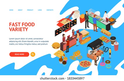 Fast Food Cart Cafe Concept Card 3d Isometric View Include of Hotdog, Cola and Pizza. Vector illustration of Icons