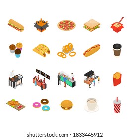 Fast Food Cart Cafe Concept Set 3d Isometric View Include of Hotdog, Cola and Pizza. Vector illustration of Icons