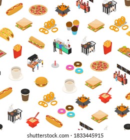 Fast Food Cart Cafe Concept Seamless Pattern Background on a White 3d Isometric View Include of Hotdog, Cola and Pizza. Vector illustration of Icons