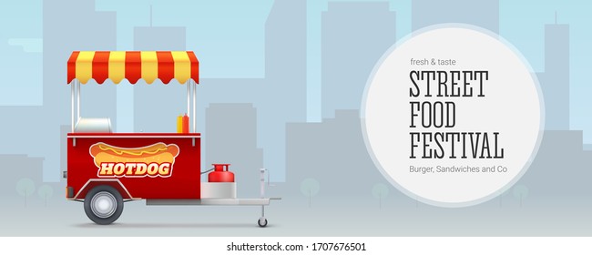 Fast food cart on backdrop of big city. Template for street food festival. Delivery service, street market. Banner with hot dog vehicle for Advertising design. Vector 3d illustration