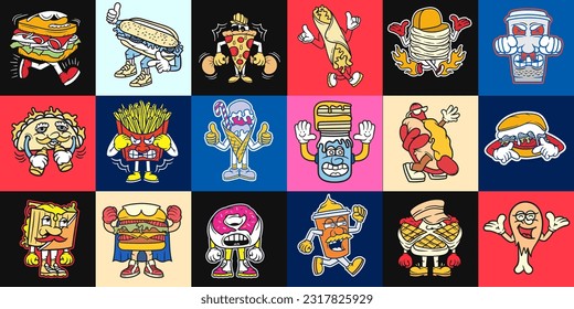 Paquete de diseños de camisetas con personajes de dibujos animados de comida rápida, colección de pegatinas y elementos de dibujos animados de comida chatarra, Set of Cartoon Clipart, ilustración vectorial