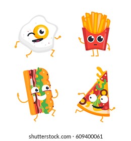 Fast Food Cartoon Characters - modern vector template set of mascot illustrations. Gift images of egg, french fries, pizza slice and burger dancing, smiling, having a good time