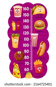 Fast food cartoon characters on kids height chart. Children growth measure meter ruler scale with popcorn bucket, tacos, burrito, hamburger and hot dog, pizza, french fries and donut, soda and nachos