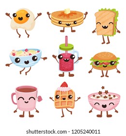 Fast food cartoon characters set, delicious dishes and drinks with smiling faces vector Illustration on a white background