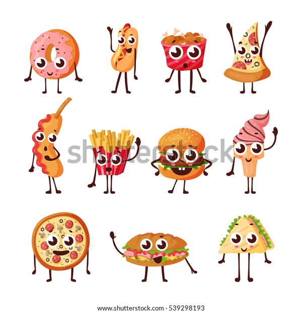 Fast food cartoon characters with smiley face isolated icons. Smiling