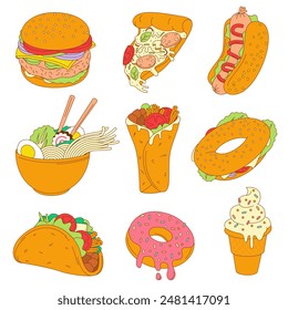 Fast food cartoon dishes set. Hamburger, hot dog, kebab, ramen noodles, pizza, taco and other takeaway food. Vector illustration of street food flat style.