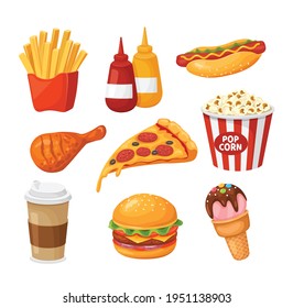 Fast food. Cartoon french fries, ketchup and hot dog, chicken and pizza, coffee and burger, popcorn and ice cream. Takeaway junk food vector set. Hot drink, bottles of sauce and tasty meal
