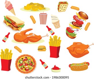 Fast food cartoon icon set. Hamburger, hot dog, wok noodles, pizza and others for takeaway cafe design. Vector illustration of street food flat style.