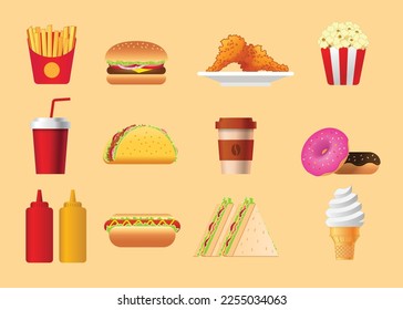 Fast food cartoon icon set. french fries, hamburger, fried chicken, popcorn, soda, taco, coffee, donut, doughnut, sauce, ketchup, mustard, hot dog, sandwich, ice cream. Vector illustration.