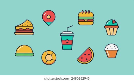 Fast food cartoon icon set. Hamburger, hot dog, shawarma, wok noodles, pizza and others for takeaway cafe design. Vector illustration of street food flat style.