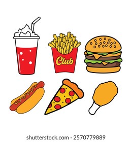 Fast food cartoon icon vector collection. Pizza, burger, chicken leg, hotdog, french fries, soda cup. Food and drink icon concept illustration