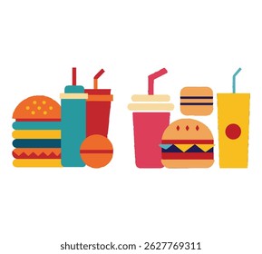 Fast food cartoon icon vector collection. Pizza, burger, chicken leg, hotdog, french fries, soda cup. Food and drink icon Unhealthy fast food classic nutrition concept vector illustration