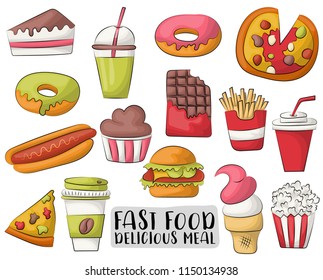 Fast food cartoon icons and objects set.  Hand drawn vector illustration.