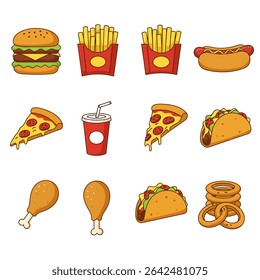 Fast Food Cartoon Icons Set Isolated.