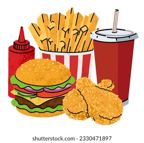 fast food, cartoon icons, simple flat style, street high calorie food illustration.