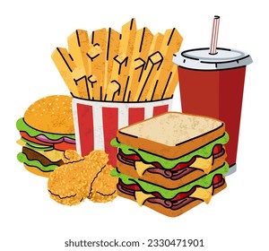 fast food, cartoon icons, simple flat style, street high calorie food illustration.