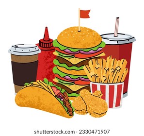 fast food, cartoon icons, simple flat style, street high calorie food illustration.