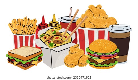 fast food, cartoon icons, simple flat style, street high calorie food illustration.