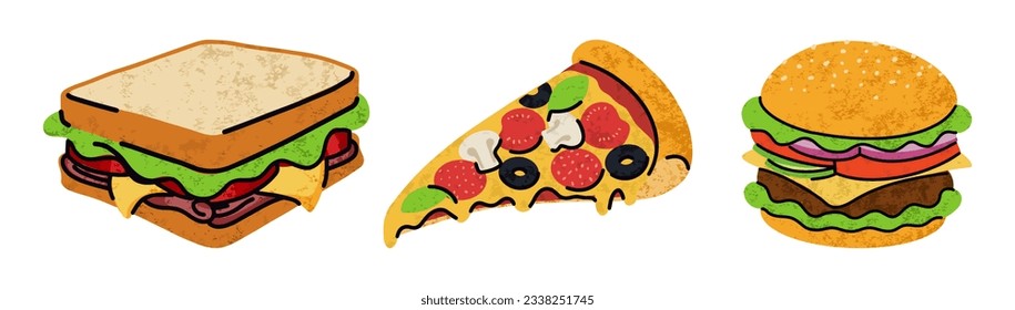 fast food, cartoon icons, simple flat style, street high calorie food illustration.