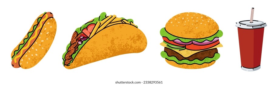 fast food, cartoon icons, simple flat style, street high calorie food illustration.