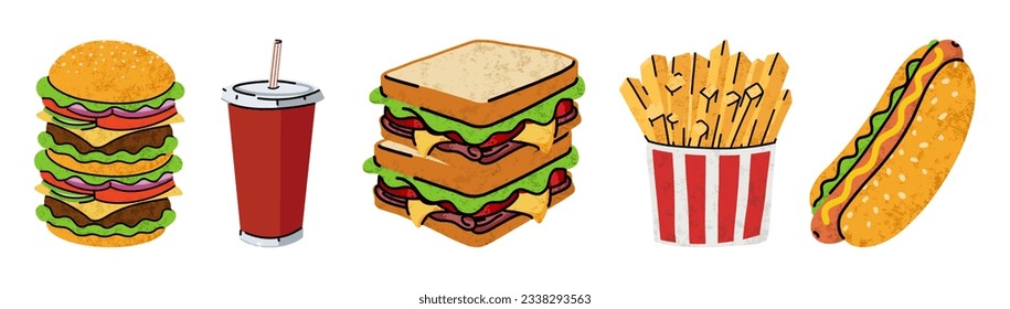 fast food, cartoon icons, simple flat style, street high calorie food illustration.