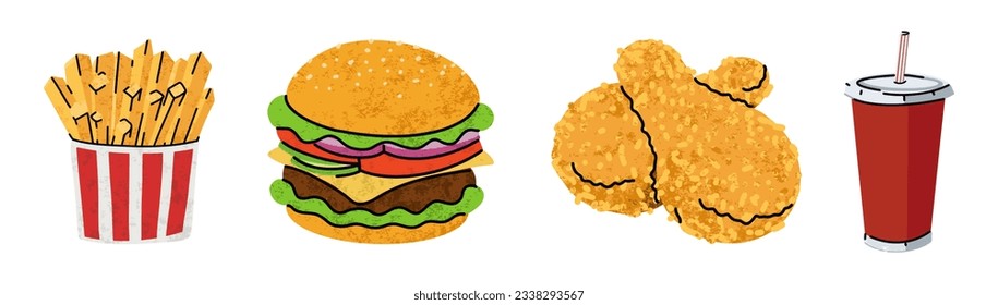 fast food, cartoon icons, simple flat style, street high calorie food illustration.