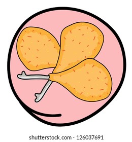 Fast Food, A Cartoon Illustration of Three Piece Crispy Fried Chicken Legs Icon in Pink Circle Frame