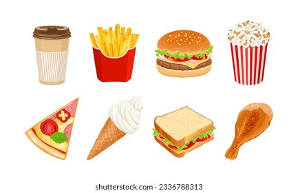 Fast food cartoon illustrations set. Hamburger, pizza, popcorn, coffee in paper cup, french fries, ice cream, sandwich and roasted hot chicken. Takeaway food vector icons.